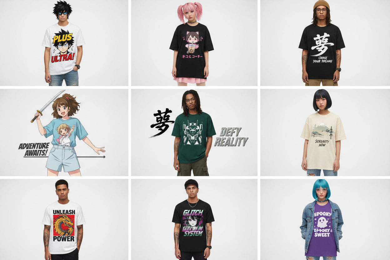 collation of girls and guys on anime and different phrases on the t-shirts